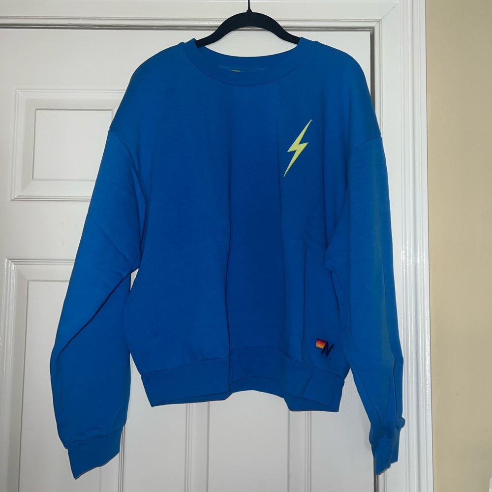 Aviator Nation Bolt Stitch Relaxed Crew Sweatshirt - Ocean / Neon Yellow - S